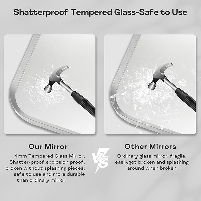 Silver Framed Bathroom Mirror, Brushed Nickel Rounded Corner Rectangle Wall Mirror, Tempered Glass, Shatter Proof, Anti-Rust, Hangs Horizontally or Vertically (24" x 32", Silver)