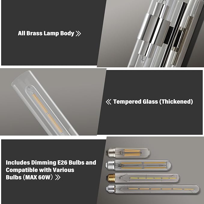 Wall Sconces Set of Two 22.8" Indoor Wall Light Fixtures, Nickel Bathroom Vanity Light Fixtures with Clear Glass, Modern Wall Lamp for Bathroom Living Room Bedroom Hallway(Bulb Included)