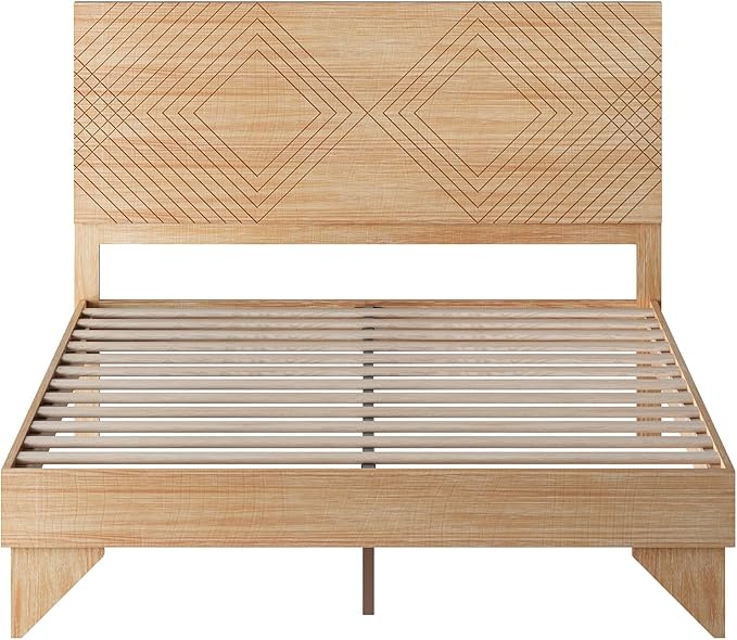 MUSEHOMEINC Solid Wood Platform Bed Frame, Queen Size Bed Frame with Line Diamond Pattern Headboard, No Box Spring Needed, Modern Minimalist Wooden Bedframe, Easy Assembly (Queen)