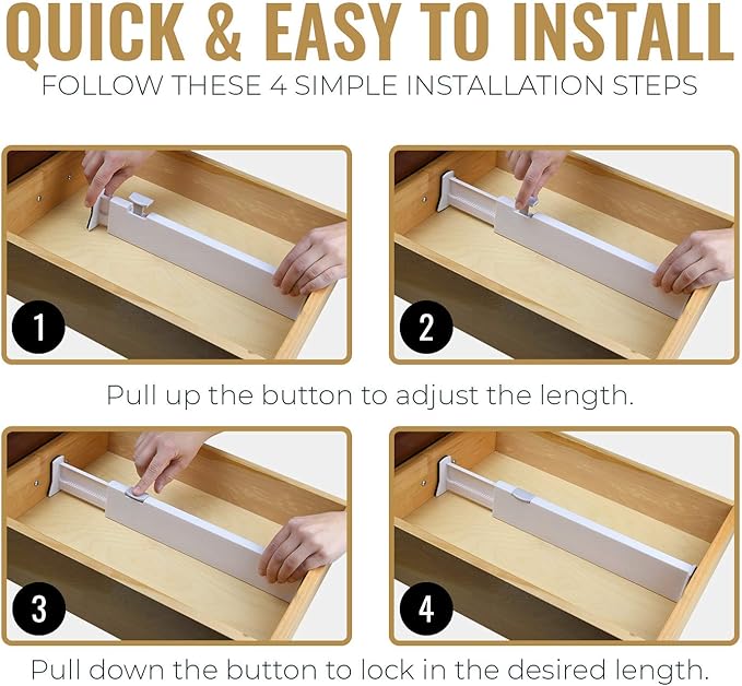 RAPTUROUS Adjustable Drawer Dividers 4 Pack, 2.5" High, 13-22" Long, Dresser Drawer Organizer for Bedroom, Closet, Kitchen, Nursery, Office, Strong Hold, Soft Foam Edges, White