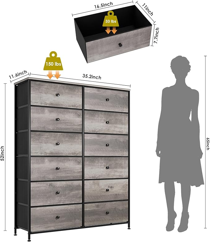 Arlopu 12-Drawer Dresser, 35.2’‘ Widened 6-Layer Fabric Storage Tower w/Textured Print Fabric Bins, Tall Chest Organizer Unit for Living Room, Hallway, Nursery, Closets, Adjustable Feetpad