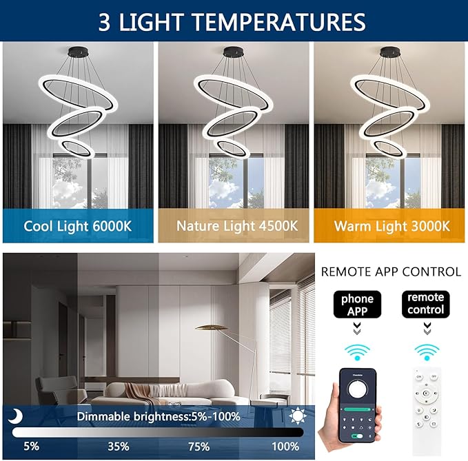 Modern LED Chandelier 3 Ring Chandelier for Dining Room Living Room Pendant Lighting High Ceiling Hanging Light Fixture for Bedroom Foyer Black