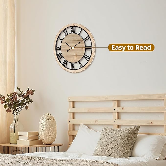 Maxstar 20'' Wall Clock for Living Room Decor, Ultra-Silent Rustic Wooden Farmhouse Wall Clock with Metal & Real Wood Frame, Battery Operated, for Kitchen Bedroom Office, Roman Numerals