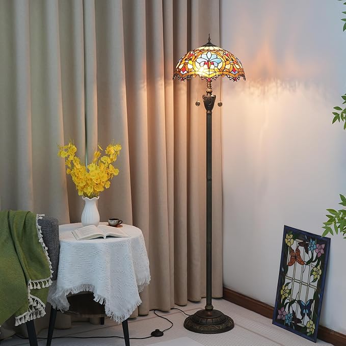 Tiffany Floor Lamp Stained Glass Floor Light Bright Lighting Rustic Standing Lamp Vintage Unique Bronze Reading Corner Lamp for Home Decor Living Room Bedroom 16X16X64 Inches