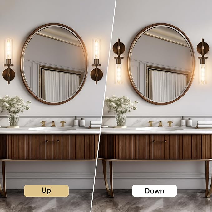 15" Knurled Brass Wall Sconces Set of 2, Bronze Bathroom Vanity Light Fixtures with Clear Glass Tube, Modern Lamp Lighting for Bedroom, Living Room, Hallway, Staircase, Mirror, Kitchen