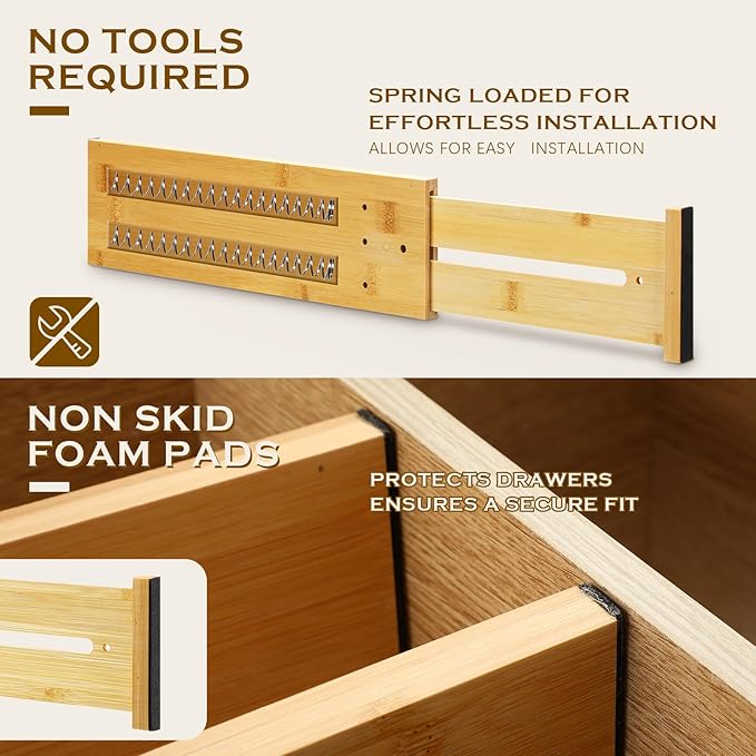 4 Pcs Deep Drawer Dividers for Clothes Adjustable 5" High Expandable from 15"-22" Bamboo Drawer Wooden Separators Spring Loaded for Dresser Baby Clothes Kitchen Office Storage
