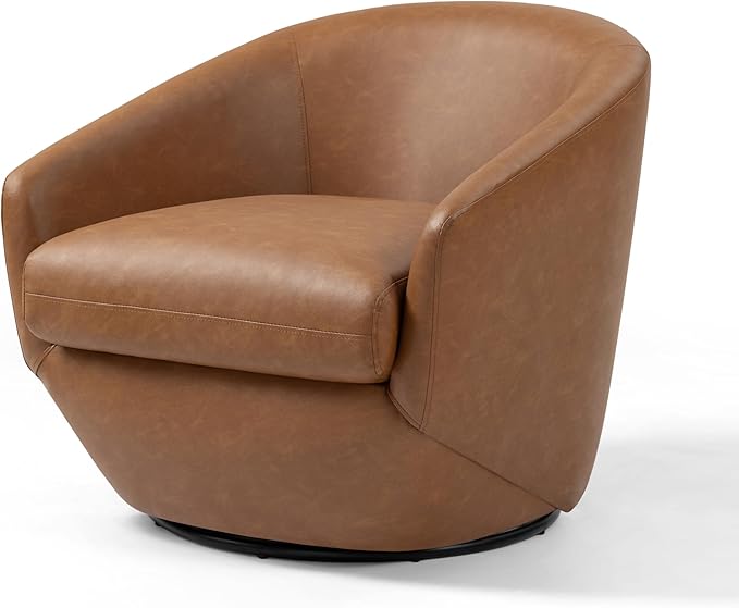 Swivel Barrel Accent Chair, Modern Round Faux Leather Arm Chair for Living Room, Bedroom, Comfy Club Reading Chairs for Adults(Faux Leather, Brown, Set of 1)