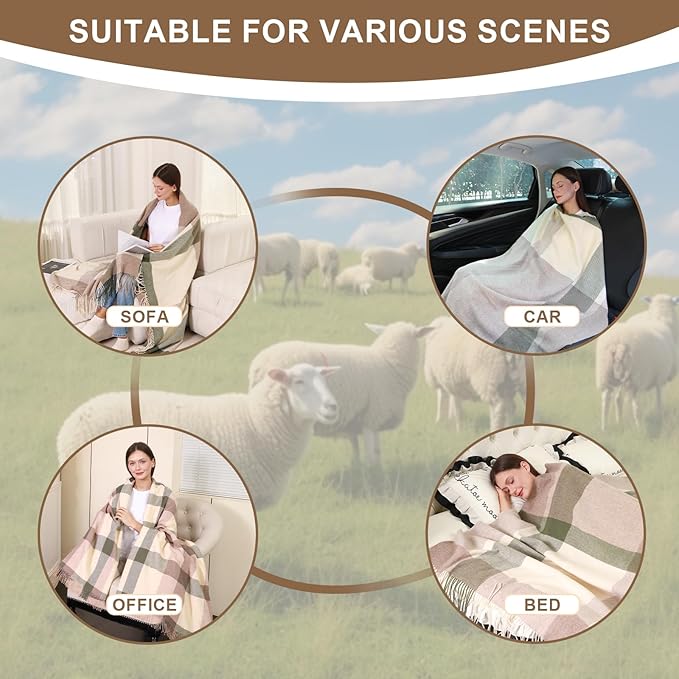 Oversized Cream Check Throw Blanket for Couch,100% Wool Throw Blanket for Home Decor, Soft Lightweight Cozy All Season Decorative Vintage Blankets for Travel,Bed, Sofa, Chair, Outdoor 2LBS