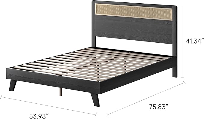 MUSEHOMEINC Modern Wooden Full Size Bed Frame with Rattan Headboard,Boho Style,No Box Spring Needed, Easy Assembly (Full)