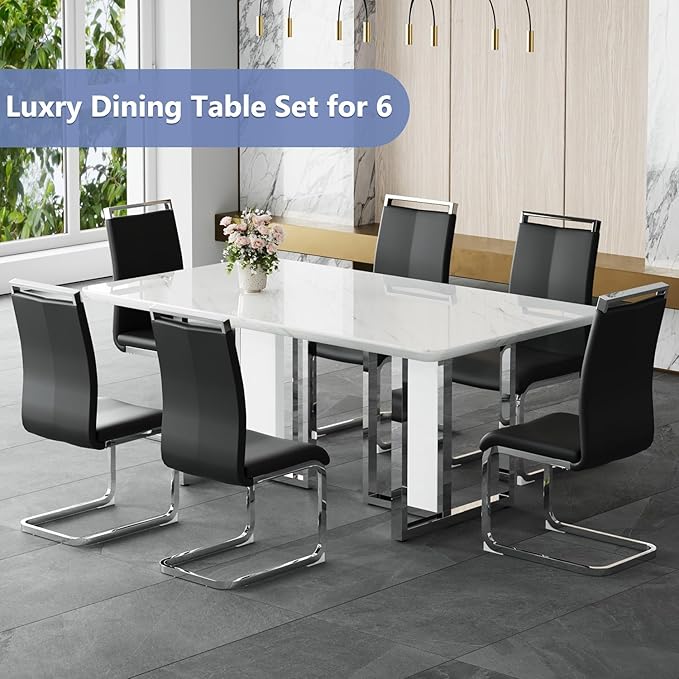 JUFU Dining Table Set for 10, 67'' Dining Table for 8-10 People with Faux Marble Tabletop and Sturdy Leg, White Rectangle Dining Room Table Set for 10 with PU Chairs, Perfect for Big Dining Room