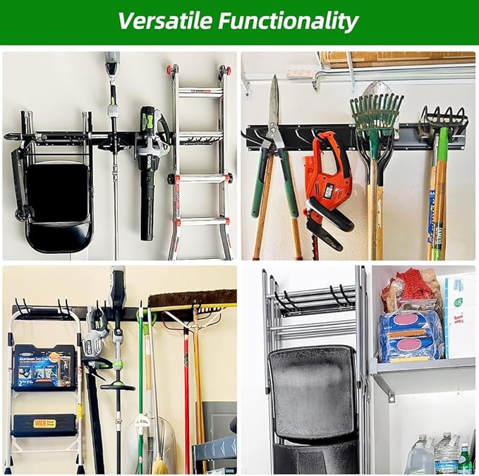 Garage Organization, Garage Wall Organizer with 48 inches Rails and 6 Hooks, Tool Organizers Heavy Duty, Shovel Holder Wall Mount Max Load 360 LBS, Sturdy Garden Tool Rack for Folding Chairs