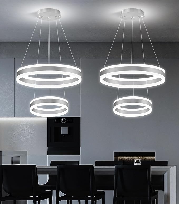D7.8''+15.7'' Modern Ring Chandelier for Dining Room LED Dimmable Pendant Lighting for Living Room Foyer Bedroom Entryway 3000K-6000K Silver
