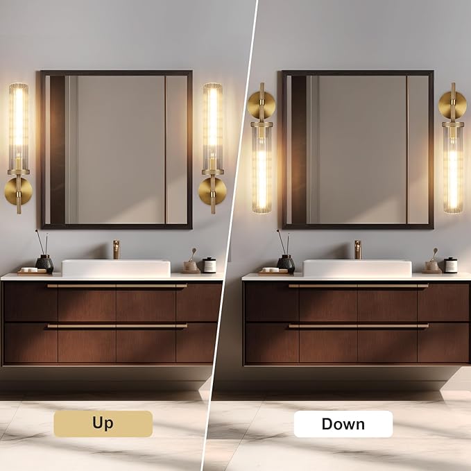 19.5" Knurled Brass Wall Sconce with Vertical Striped Glass Tube, Gold Bathroom Vanity Light Fixtures, Modern Lamp Lighting for Bedroom, Living Room, Hallway, Staircase, Mirror, Kitchen