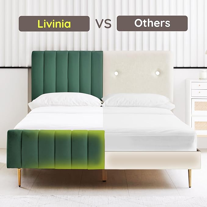 Livinia Twin Size Elton Velvet Platform Bed, Upholstered Bed Frame with Vertical Channel Tufted Headboard Footboard, Strong Wood Slats, No Box Spring Needed, Green (Twin)