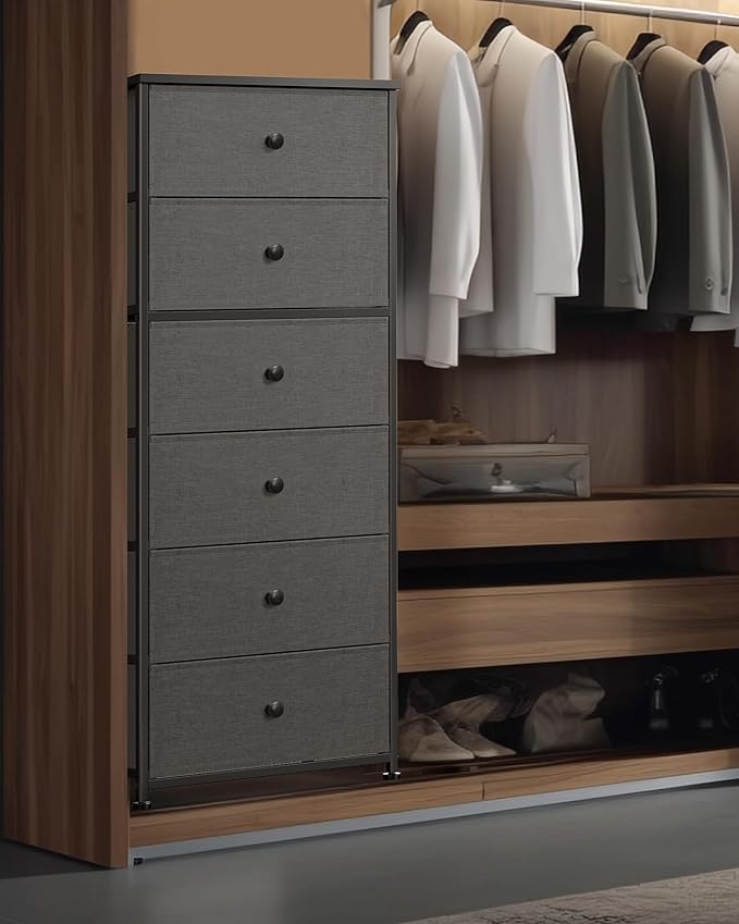 Tall Fabric Dresser for Bedroom, Wide Vertical Storage Organizer Tower with 6 Drawers, Chest of Drawers with Bins, Steel Frame, Wood Top for Bedroom, Closet, Entryway Black