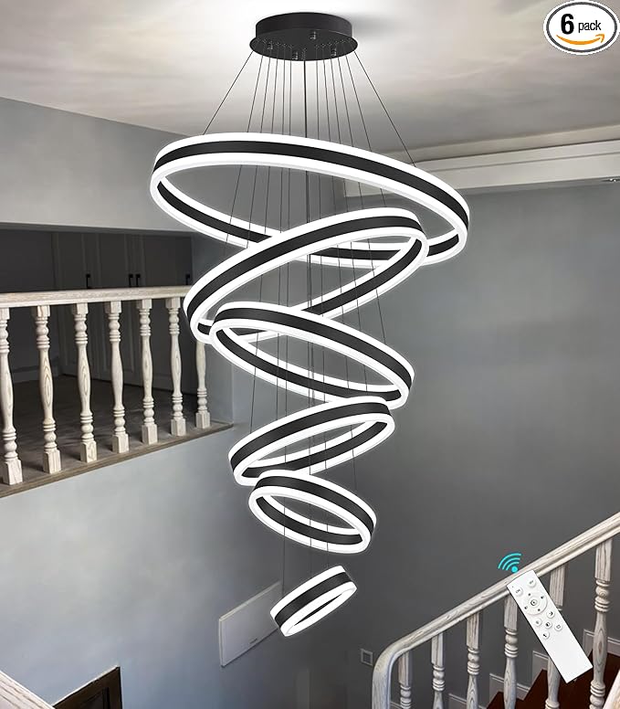 6 Rings Modern LED Chandeliers Large High Ceiling Chandelier for Foyer Black Dimmable Long Handing Lighting Fixture for Living Room Entryway Villa Staircase 3000K-6000K