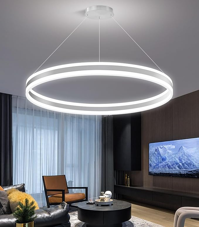 D31.5'' Modern Ring Chandelier for Dining Room LED Dimmable Pendant Lighting High Ceiling Chandelier for Living Room Foyer Bedroom Entryway 3000K-6000K Silver