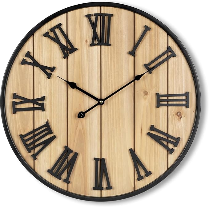 Large Wall Clock 20IN, Silent Metal Wood Style Wall Clocks Battery Operated for Living Room Decor, Farmhouse Big Wall Clock, Outdoor