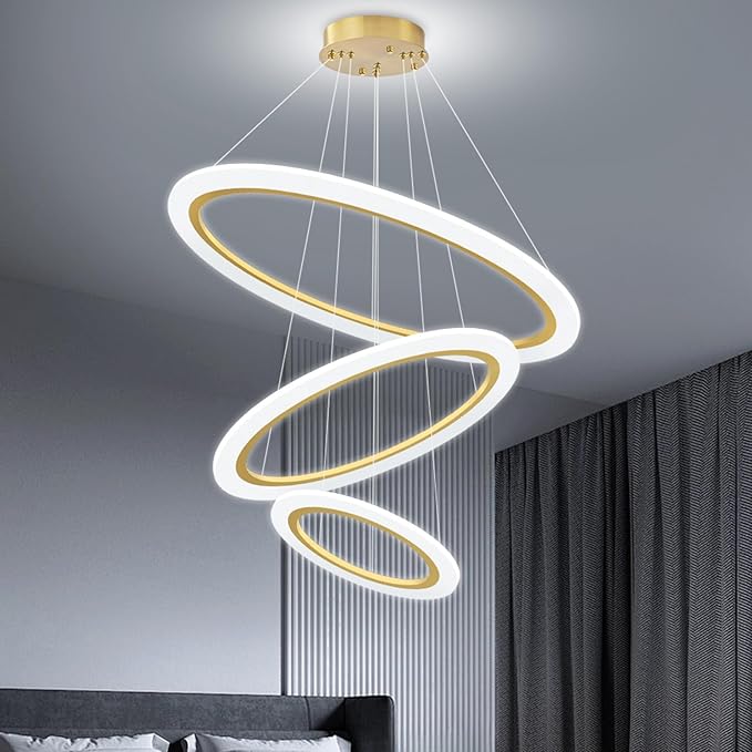 Modern LED Chandelier 3 Ring Chandelier for Dining Room Living Room Pendant Lighting Fixture High Ceiling Hanging LED Pendant Ceiling Light Fixture for Bedroom Foyer Gold