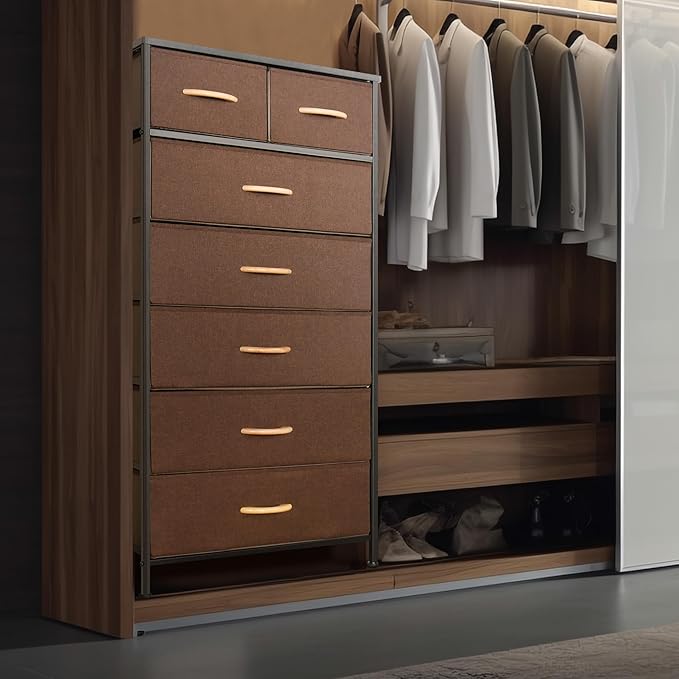 Tall Dresser for Bedroom, Vertical Storage Organizer Tower with 7 Drawers, Chest of Drawers with Fabric Bins, Steel Frame, Wood Top for Bedroom, Closet, Entryway- Brown
