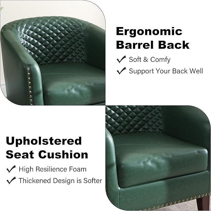 Accent Barrel Chair, Upholstered Faux Leather Club Chair with Nailed Trim, Comfy Reading Armchair for Living Room Bedroom Reception Room Office (Dark Green, Set of 4)