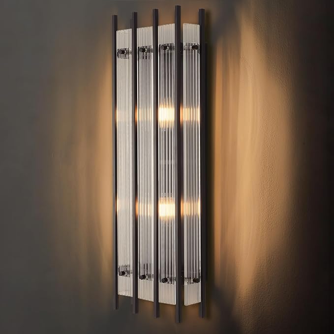 Modern Black Wall Sconce,25in Grand Rectangular Ribbed Glass Wall Sconces,Indoor Hardwired Wall Sconces for Large Spaces,for Living Room,Hallway,Stairway Sconces Wall Lighting,Included E12 Bulbs