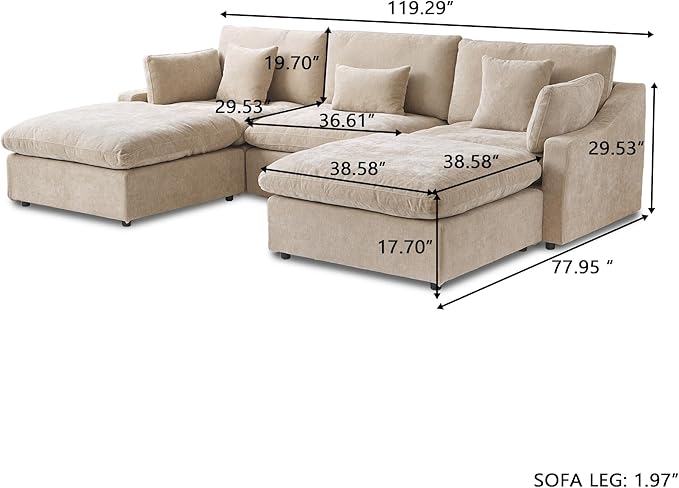 Cloud Couch Modular Sectional Sofa,119.29" U Shaped Couch, Oversized Down Filled Convertible Wide Seater,3 Seater with 2 Ottomans for Living Room Set, Covers Washable&,Khaki