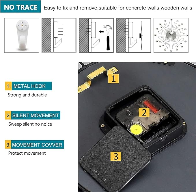 19.7 Inch Large Wall Clock for Living Room Decor, Non-Ticking Quiet Modern Metal Starburst Bling Silver Crystal Wall Clocks Decor for Bedrooms Kitchen Decorative