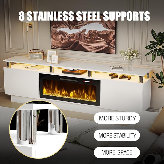 80" Modern Fireplace TV Stand with 36" Electric Fireplace for TVs Up to 90 inch, Luxury LED Light Entertainment Center with High Gloss Cabinet, TV Consoles for Living Room, White
