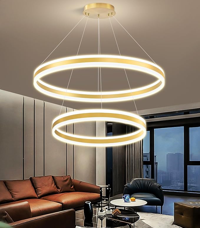 D23.6''+31.5'' Modern Ring Chandelier for Dining Room LED Dimmable Pendant Lighting High Ceiling Chandelier for Living Room Foyer Bedroom Entryway 3000K-6000K Gold