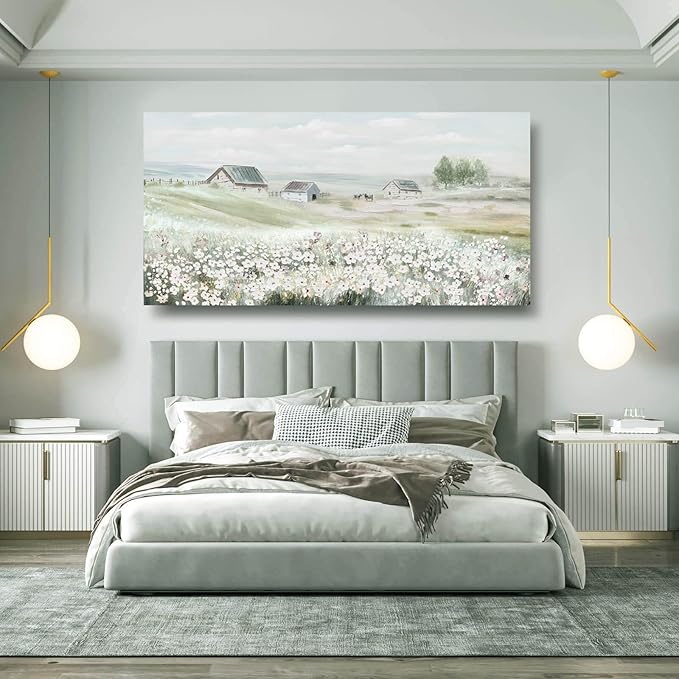 Large Framed Wall Art for Living Room - Grassland Landscape Home Wall Decor - Vintage Neutral Canvas Pictures for Bedroom 29"x 58" Office Wall Hanging