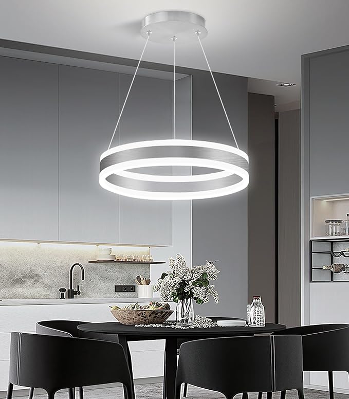 D15.7'' Modern Ring Chandelier for Dining Room LED Dimmable Pendant Lighting High Ceiling Chandelier for Living Room Foyer Bedroom Entryway 3000K-6000K Silver