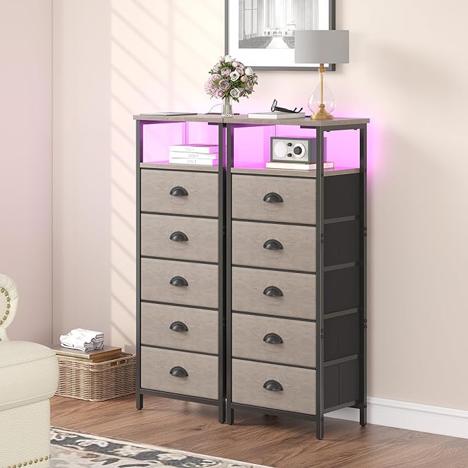 Nightstand with Charging Station,LED Grey Nightstand with 5 Fabric Drawers, Bedside End Tables, 2-Tier Open Storage Shelf Side Table Nightstand with Drawers for Bedroom, Grey