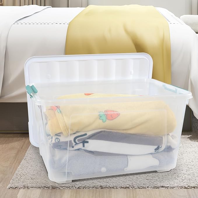 85 L Clear Latch Storage Bin with Lid and Wheels, Stackable Plastic Storage Boxs, 4 Packs