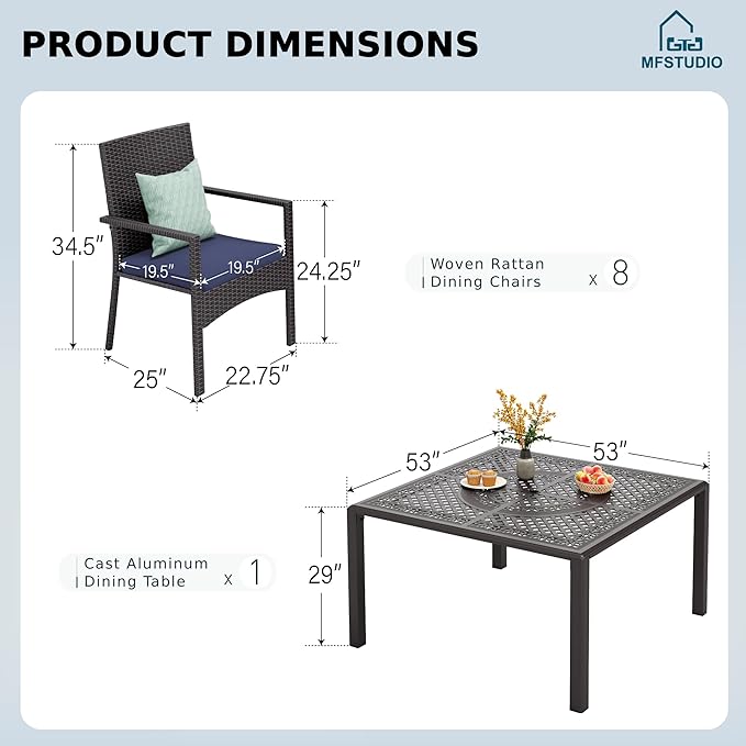 MFSTUDIO Pieces Patio Dining Set, All Weather Patio Furniture Set for with Rectangular Cast Aluminum Table and Wicker Chairs, Outdoor Patio Table and Chairs Dining Set