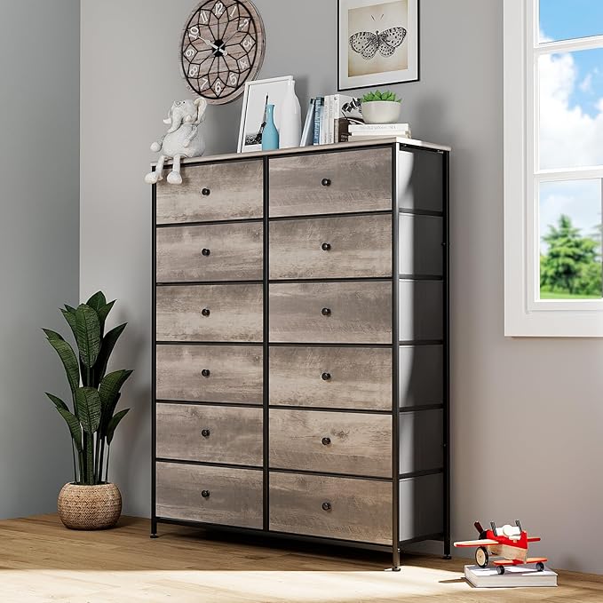 Arlopu 12-Drawer Dresser, 35.2’‘ Widened 6-Layer Fabric Storage Tower w/Textured Print Fabric Bins, Tall Chest Organizer Unit for Living Room, Hallway, Nursery, Closets, Adjustable Feetpad