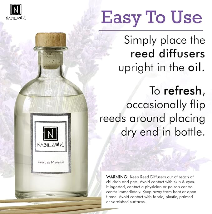 Nabila K Heart de Provence Reed Diffuser Set – French Lavender Aromatic Oil for Home – Long-Lasting, Smokeless Scent – Made in USA – Includes Reeds + Bottle – Flameless Candle Alternative