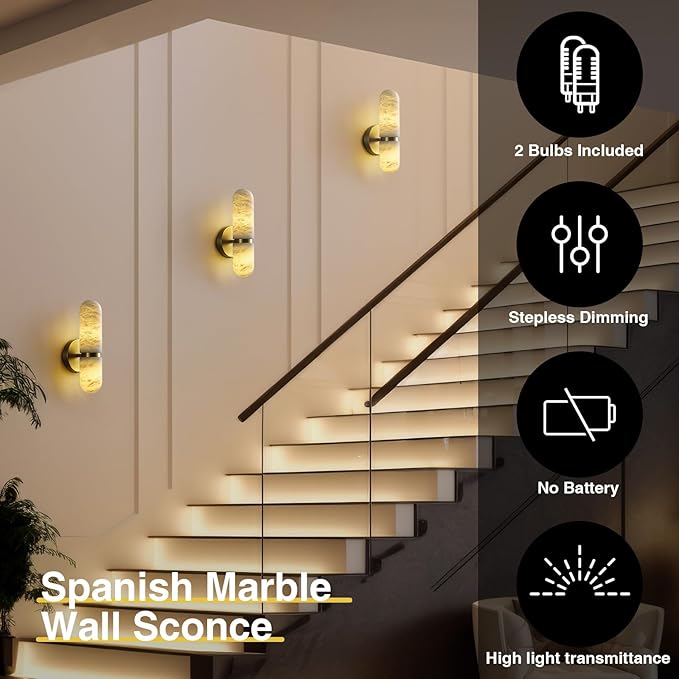 Alabaster Wall Sconces, 13" Glod Wall Sconce, Modern Bathroom Sconces Lighting, Black Spanish Natural Marble Sconce for Living Room, Bedroom, Stairs, Hallway