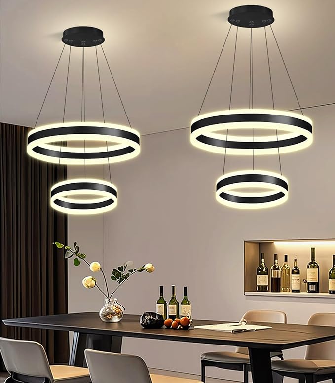 D7.8''+15.7'' Modern Ring Chandelier for Dining Room LED Dimmable Pendant Lighting for Living Room Foyer Bedroom Entryway 3000K-6000K Black