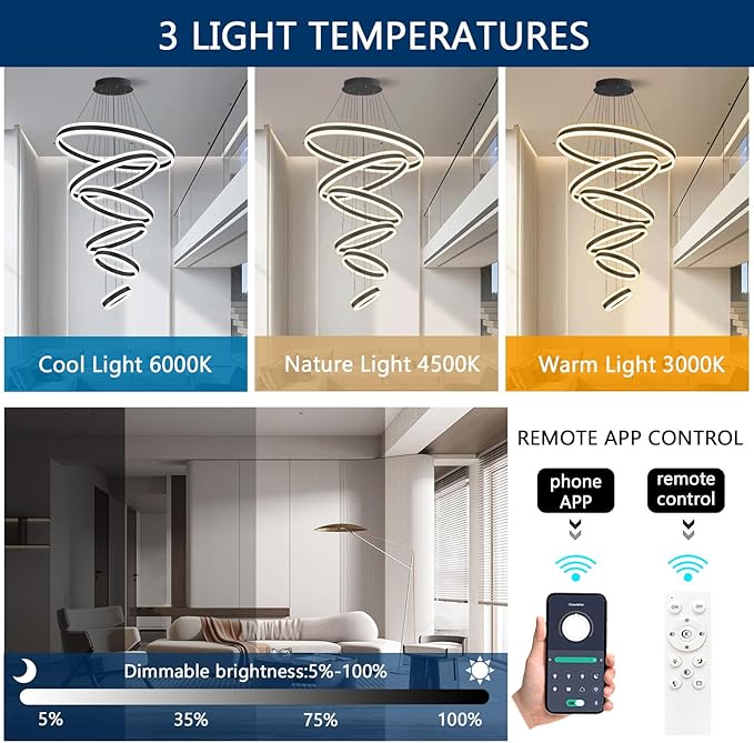 6 Rings Modern LED Chandeliers Large High Ceiling Chandelier for Foyer Black Dimmable Long Handing Lighting Fixture for Living Room Entryway Villa Staircase 3000K-6000K