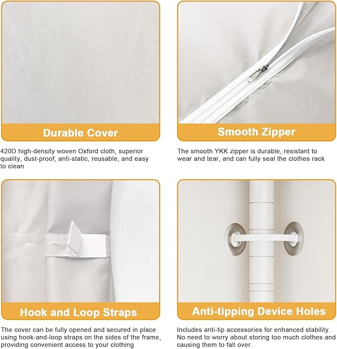 H50C Extra Large Clothes Rack with Cover, Freestanding Portable Closet, Covered Clothing Racks for Hanging Clothes, Heavy Duty Garment Rack, Wardrobe Closet with White Cover Max Load 1350 Lbs