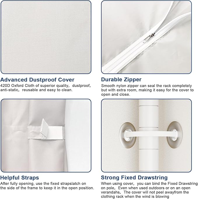 Ulif E12C Heavy Duty Closet Organizer System，Freestanding Clothing Racks for Hanging Clothes，Adjustable Garment Rack 71" W x 16" D x 76.5" H Hold 960 lbs，White Clothing Rack with White Dustproof Cover