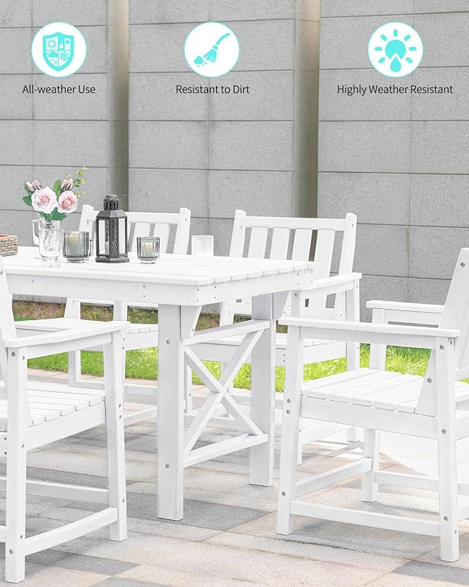 QUASCO Outdoor HDPE Dining Table Set, 7-Piece Patio Dining Furniture Sets with Umbrella Hole Table and 6 Chairs for Backyard, Poolside, Garden and Lawn, White