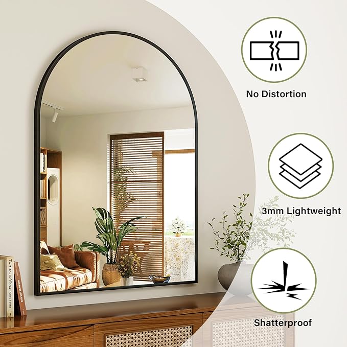Arch Bathroom Mirror, 20x30 inch Arched Bathroom Mirror/Wall Mounted Vanity Mirror - Arch Metal Frame Wall Mirror for Bathroom Bedroom Living Room, Black