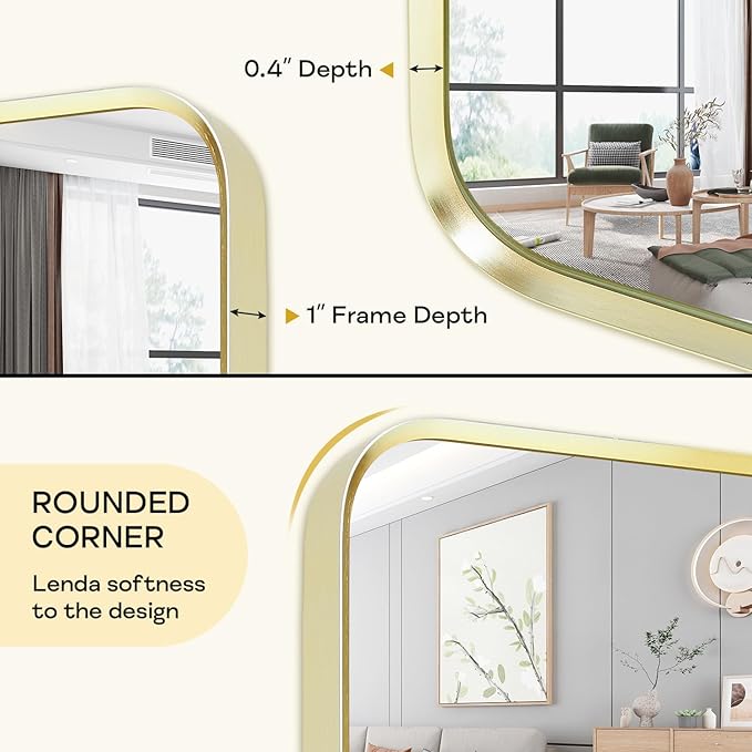 Wall Mount Mirror for Bathroom, Brushed Gold Metal Framed Rounded Corner Rectangular Vanity Mirror, Tempered Glass (28" x 36", Gold)