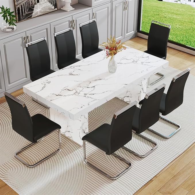 79'' Dining Table Set for 8, Dining Room Table Set for 8, 3.5'' Thick Faux Marble Table Top, MDF Table Legs, PU Ergonomic Dining Chair, for Dining Room
