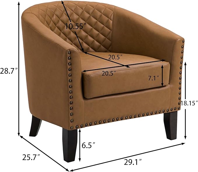 Accent Barrel Chair, Upholstered Faux Leather Club Chair with Nailed Trim, Comfy Reading Armchair for Living Room Bedroom Reception Room Office (Coffee, Set of 2)
