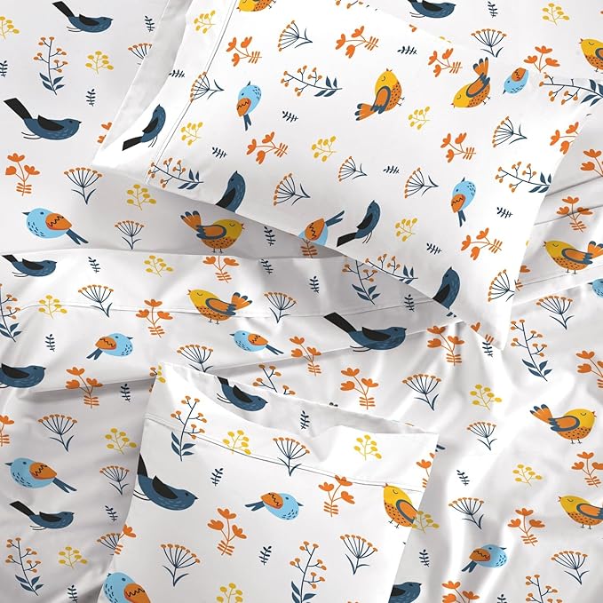 100% Egyptian Cotton 1000 TC Sheet Set King Size Cotton Bird Printed Bedsheet Set 16" Deep Pockets All Season Breathable Super Soft Comfy Bedding Sheet Set