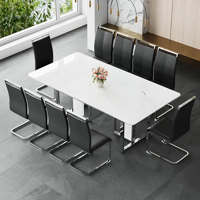 JUFU Dining Table Set for 10, 79'' Dining Table for 8-10 People with Faux Marble Tabletop and Sturdy Leg, White Rectangle Dining Room Table Set for 10 with PU Chairs, Perfect for Big Dining Room