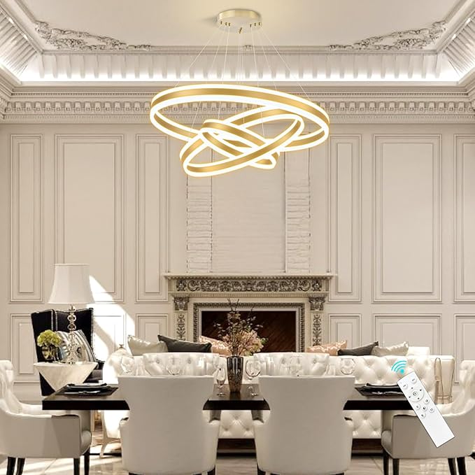 3-Rings Modern Chandelier for Dining Room Gold LED Dimmable Pendant Lightings for Kitchen Island Adjustable Height Flush Mount Ceiling Lighting for Living Room Foyer Hallways 3000K-6000K